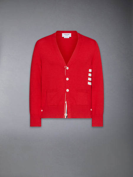 COTTON 4-BAR RELAXED FIT V NECK CARDIGAN RED