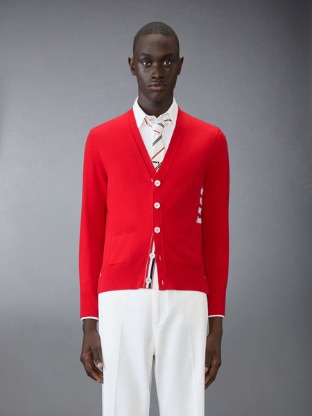COTTON 4-BAR RELAXED FIT V NECK CARDIGAN RED