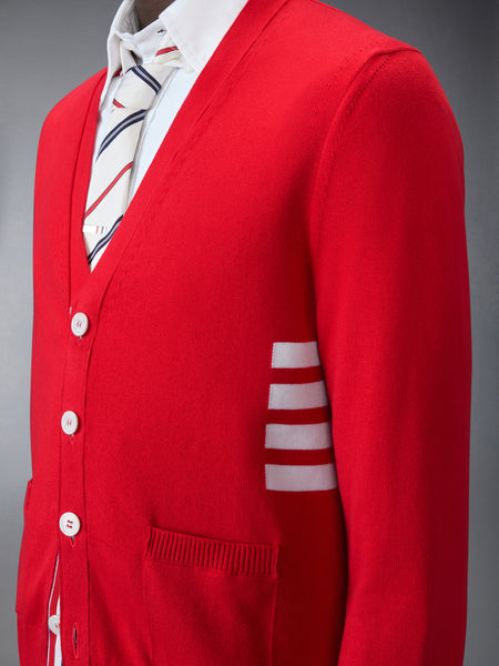 COTTON 4-BAR RELAXED FIT V NECK CARDIGAN RED