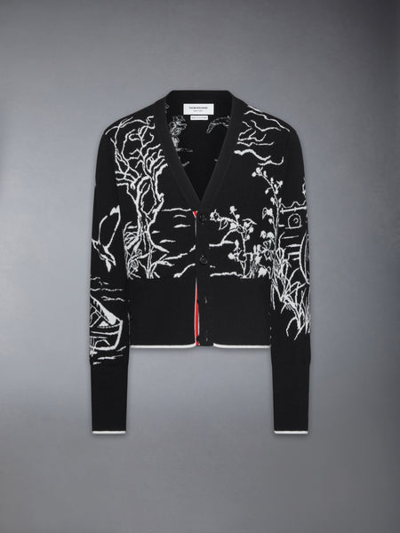 SCENIC JERSEY INTARSIA CASHMERE V NECK CARDIGAN BLACK