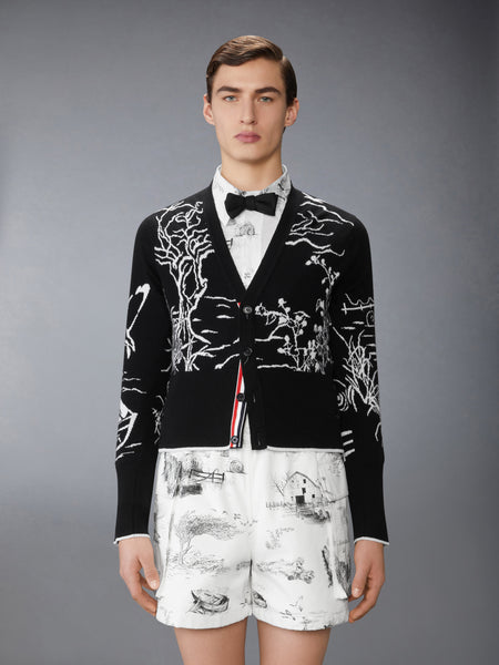 SCENIC JERSEY INTARSIA CASHMERE V NECK CARDIGAN BLACK