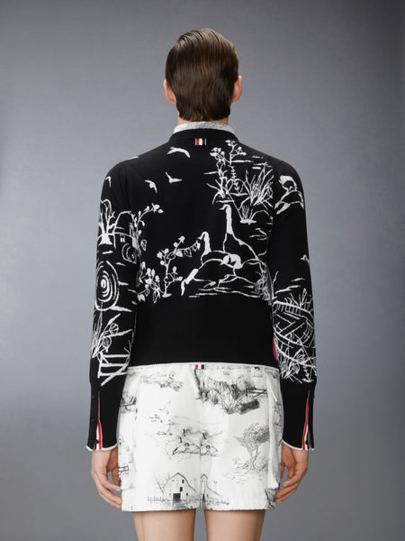 SCENIC JERSEY INTARSIA CASHMERE V NECK CARDIGAN BLACK