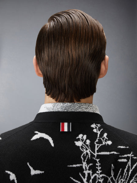 SCENIC JERSEY INTARSIA CASHMERE V NECK CARDIGAN BLACK