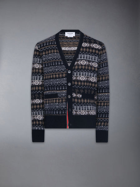 BRUSHED SHETLAND AND MERINO WOOL FUNMIX FAIR AILE JACQUARD V NECK CARDIGAN NAVY
