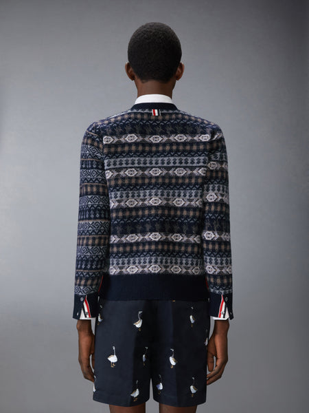 BRUSHED SHETLAND AND MERINO WOOL FUNMIX FAIR AILE JACQUARD V NECK CARDIGAN NAVY