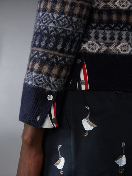 BRUSHED SHETLAND AND MERINO WOOL FUNMIX FAIR AILE JACQUARD V NECK CARDIGAN NAVY