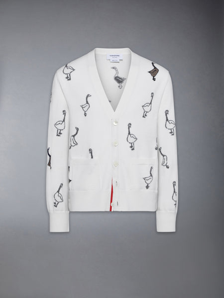 GEESE INTARSIA MERINO WOOL RELAXED FIT V NECK CARDIGAN WHITE
