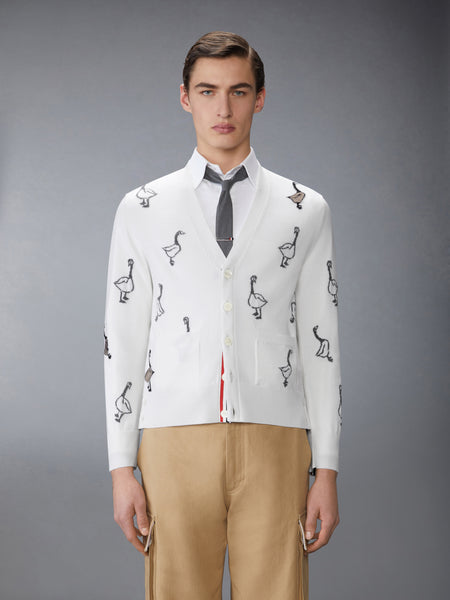 GEESE INTARSIA MERINO WOOL RELAXED FIT V NECK CARDIGAN WHITE