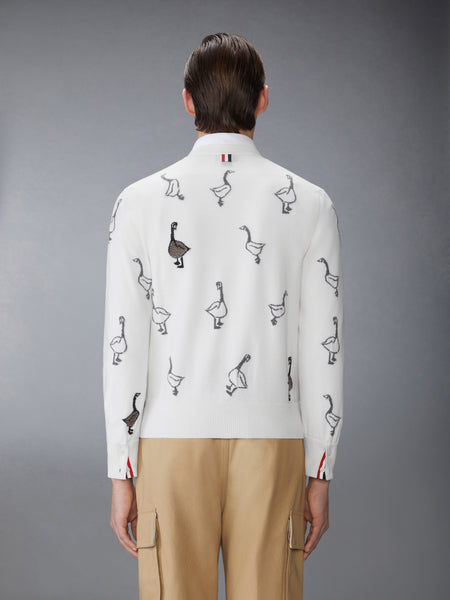 GEESE INTARSIA MERINO WOOL RELAXED FIT V NECK CARDIGAN WHITE