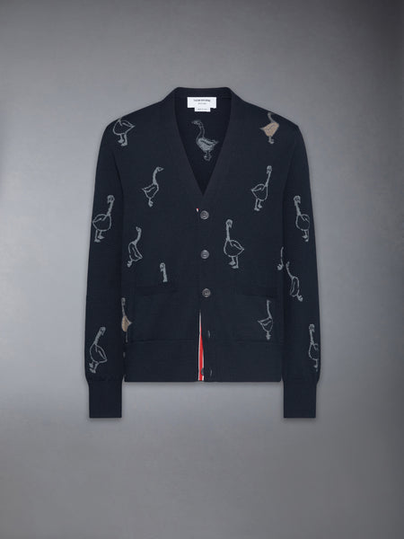 GEESE INTARSIA MERINO WOOL RELAXED FIT V NECK CARDIGAN NAVY