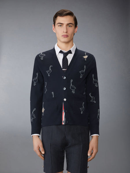 GEESE INTARSIA MERINO WOOL RELAXED FIT V NECK CARDIGAN NAVY