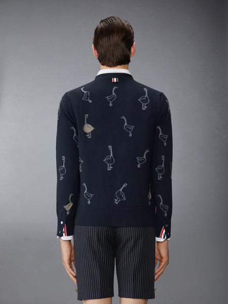 GEESE INTARSIA MERINO WOOL RELAXED FIT V NECK CARDIGAN NAVY