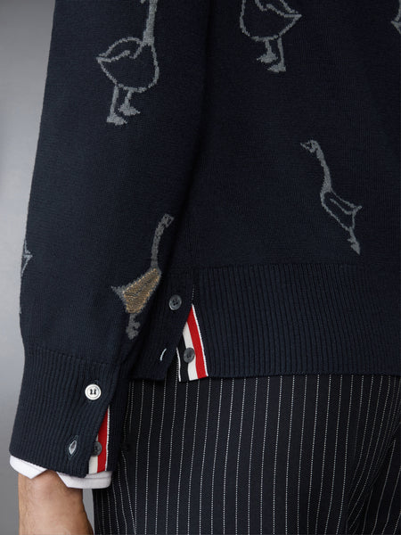 GEESE INTARSIA MERINO WOOL RELAXED FIT V NECK CARDIGAN NAVY