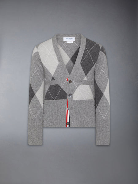 ARGYLE INTARSIA CASHMERE V NECK CARDIGAN LIGHT GREY