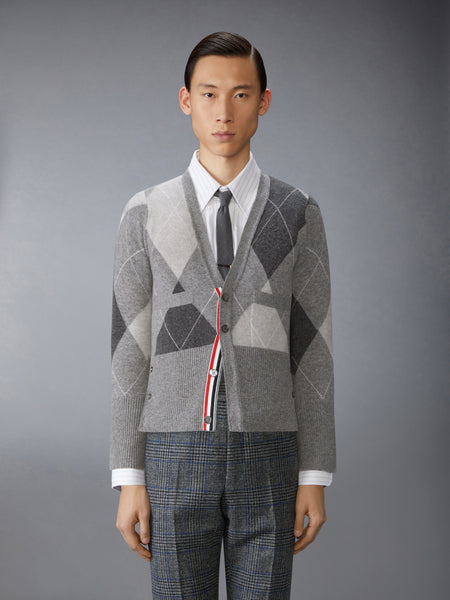 ARGYLE INTARSIA CASHMERE V NECK CARDIGAN LIGHT GREY