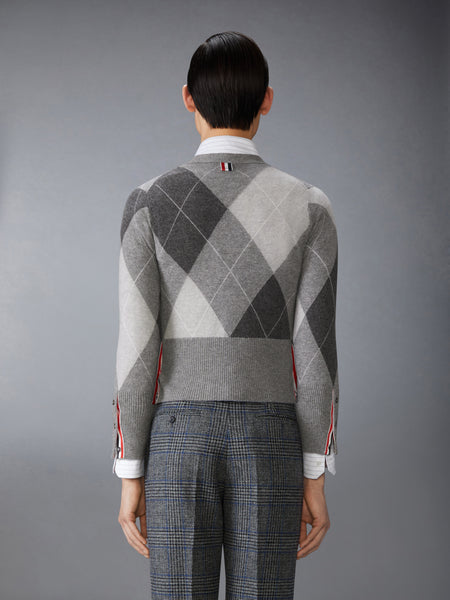 ARGYLE INTARSIA CASHMERE V NECK CARDIGAN LIGHT GREY
