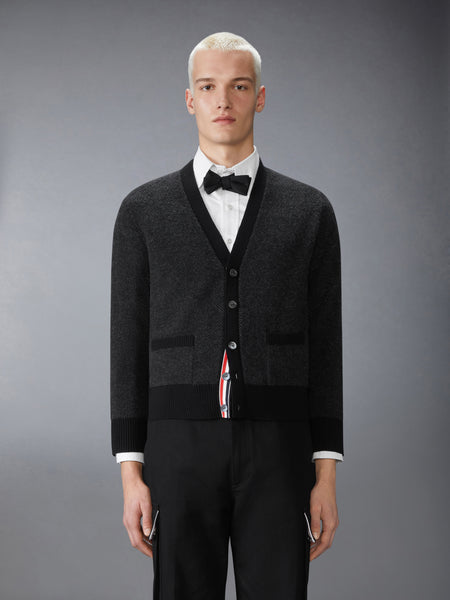 MERINO WOOL INTARSIA V NECK CARDIGAN BLACK