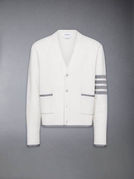 MILANO STITCH MERINO WOOL 4-BAR V NECK CARDIGAN WHITE