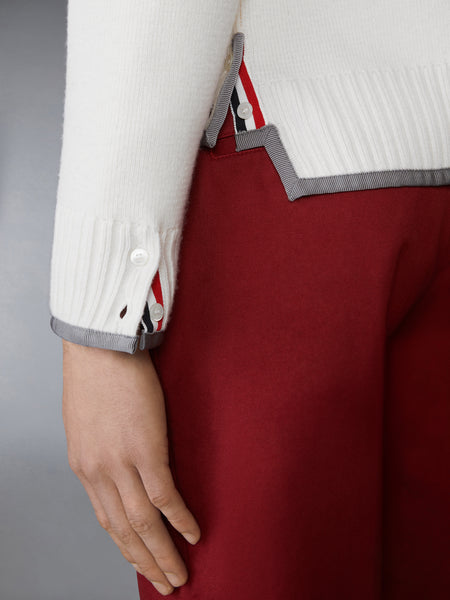 MILANO STITCH MERINO WOOL 4-BAR V NECK CARDIGAN WHITE