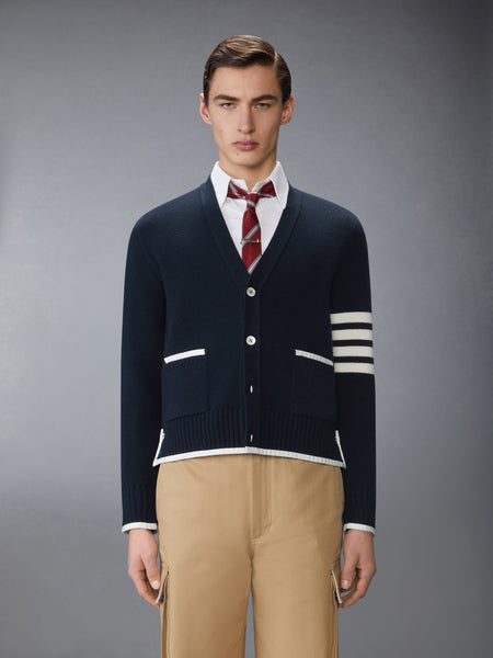 MILANO STITCH MERINO WOOL 4-BAR V NECK CARDIGAN NAVY