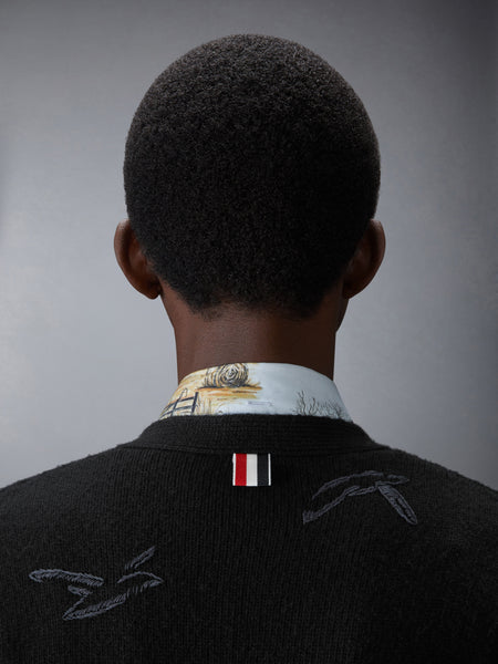 SCENIC INTARSIA FINE MERINO WOOL V NECK CARDIGAN BLACK