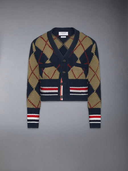 MERINO WOOL ARGYLE INTARSIA V NECK CARDIGAN NAVY