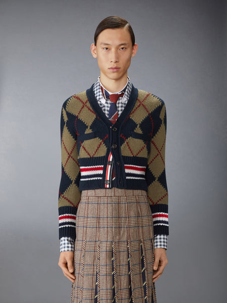 MERINO WOOL ARGYLE INTARSIA V NECK CARDIGAN NAVY