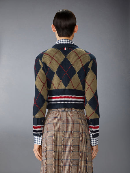MERINO WOOL ARGYLE INTARSIA V NECK CARDIGAN NAVY
