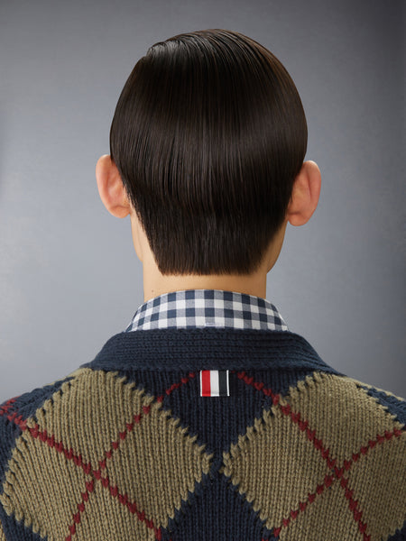 MERINO WOOL ARGYLE INTARSIA V NECK CARDIGAN NAVY