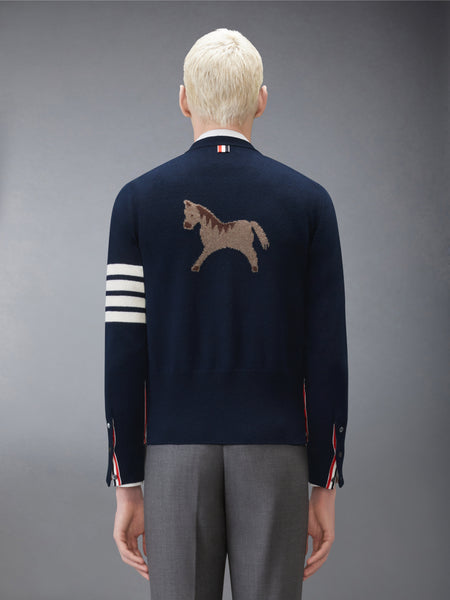 LUNAR NEW YEAR WOOL 4-BAR INTARSIA CARDIGAN NAVY