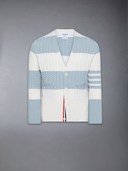 CASHMERE BABY CABLE STITCH 4-BAR CARDIGAN LIGHT BLUE/WHITE