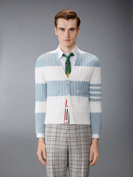 CASHMERE BABY CABLE STITCH 4-BAR CARDIGAN LIGHT BLUE/WHITE