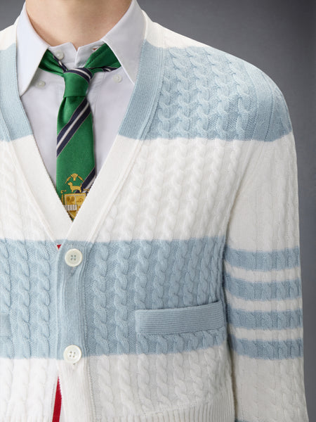 CASHMERE BABY CABLE STITCH 4-BAR CARDIGAN LIGHT BLUE/WHITE