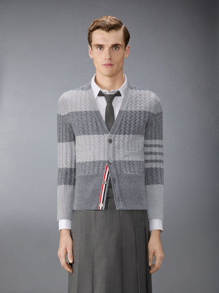 CASHMERE BABY CABLE STITCH 4-BAR CARDIGAN TONAL GREY
