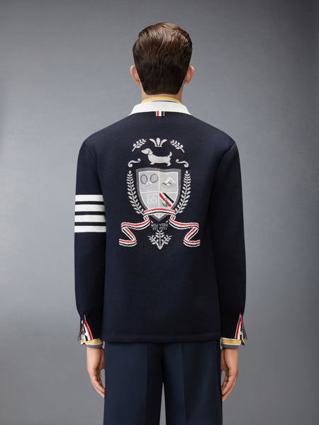 CREST INTARSIA JACQUARD 4-BAR RUGBY FIT CARDIGAN NAVY