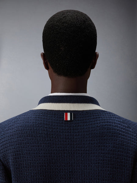 TEXTURED STITCH LINEN 4-BAR CARDIGAN JACKET DARK BLUE