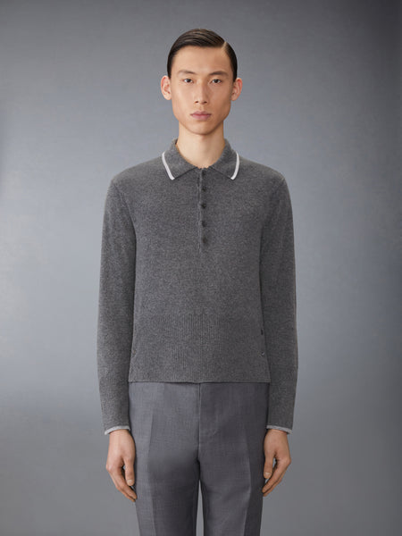 BROWNE 65 JERSEY INTARSIA CASHMERE LONG SLEEVE POLO MED GREY