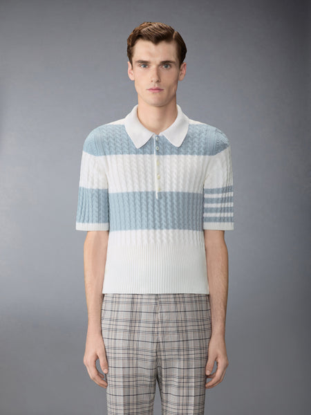 CASHMERE BABY CABLE STITCH 4-BAR RUGBY STRIPE POLO LIGHT BLUE/WHITE