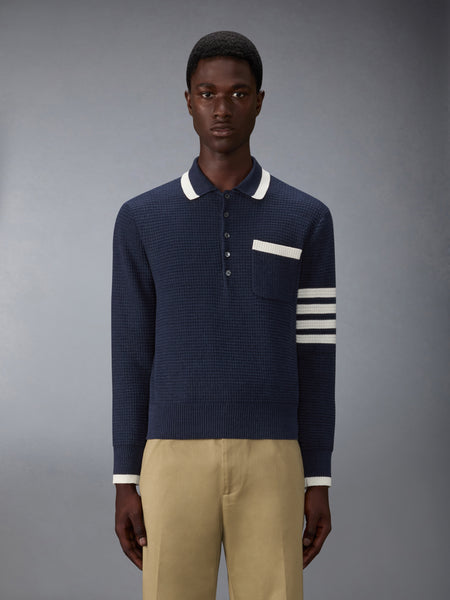 TEXTURED STITCH 4-BAR RELAXED LONG SLEEVE POLO DARK BLUE