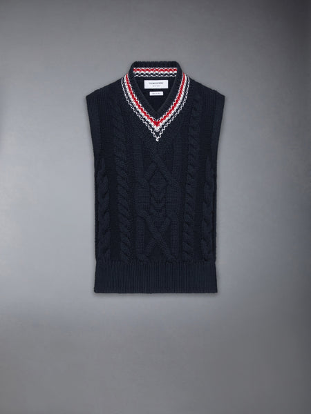 ARAN CABLE STITCH MERINO WOOL VEST NAVY