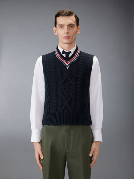 ARAN CABLE STITCH MERINO WOOL VEST NAVY