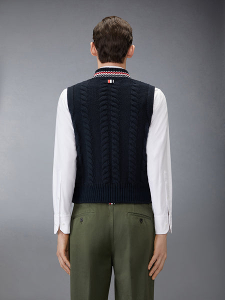ARAN CABLE STITCH MERINO WOOL VEST NAVY