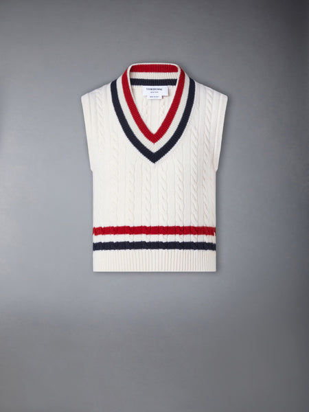 WOOL CRICKET RWB STRIPE BABY CABLE VEST WHITE