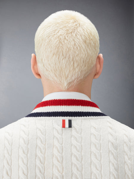 WOOL CRICKET RWB STRIPE BABY CABLE VEST WHITE