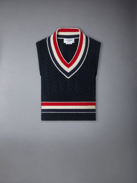 WOOL CRICKET RWB STRIPE BABY CABLE VEST NAVY