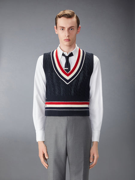 WOOL CRICKET RWB STRIPE BABY CABLE VEST NAVY