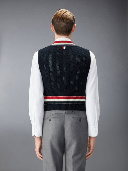 WOOL CRICKET RWB STRIPE BABY CABLE VEST NAVY
