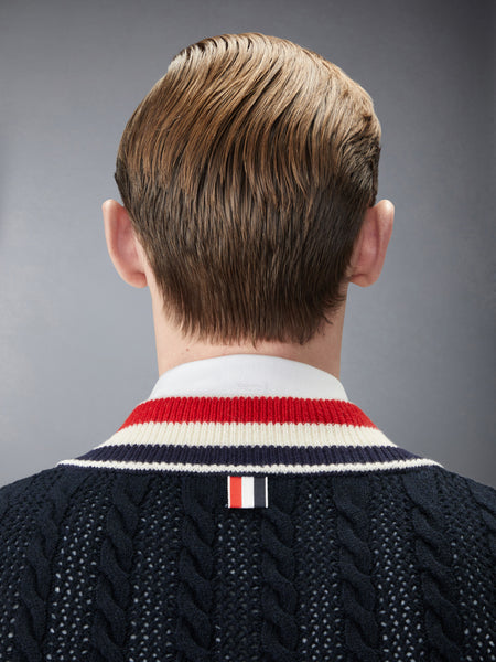 WOOL CRICKET RWB STRIPE BABY CABLE VEST NAVY