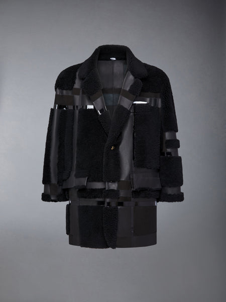 INTARSIA MIXED LEATHER DYED SHEARING OVERSIZED OVERCOAT BLACK