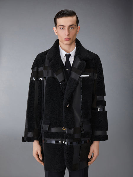 INTARSIA MIXED LEATHER DYED SHEARING OVERSIZED OVERCOAT BLACK